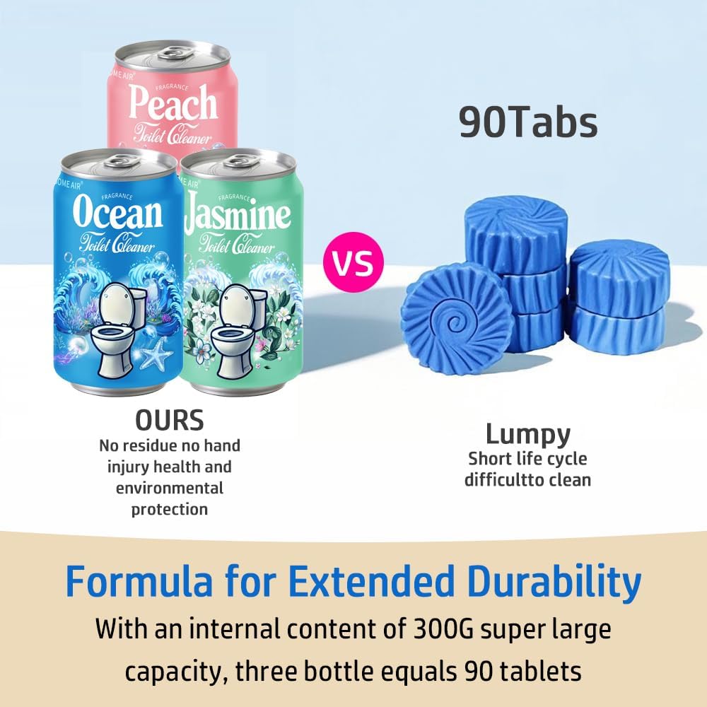 Beverage can Toilet Bowl Cleaner,Septic Toilet Bowl Tablets in Bottles, Automatic Long-Lasting Toilet Cleaner Bottle,Powerfully Cleans and Prevent Stain Build Up (Ocean, Jasmine, and Peach Scent)