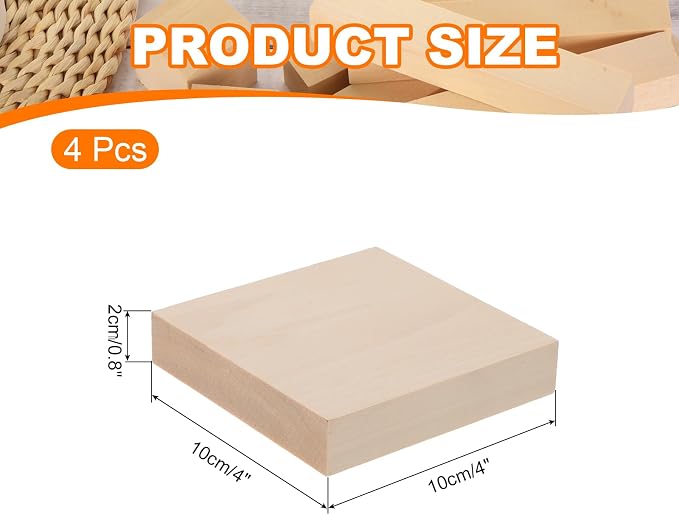 MECCANIXITY 4Pcs Basswood Carving Block, 0.8"x4"x4" Square Wooden Dowels Blocks - Image 2