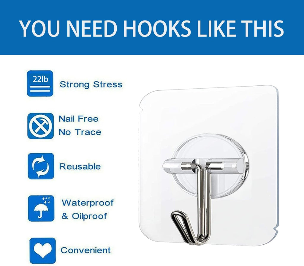 COLOGO 100 Pack Adhesive Hooks 24lb(Max) Heavy Duty Self Adhesive Hooks, Transparent Reusable Seamless Adhesive Wall Hooks for Kitchens, Bathroom, Office