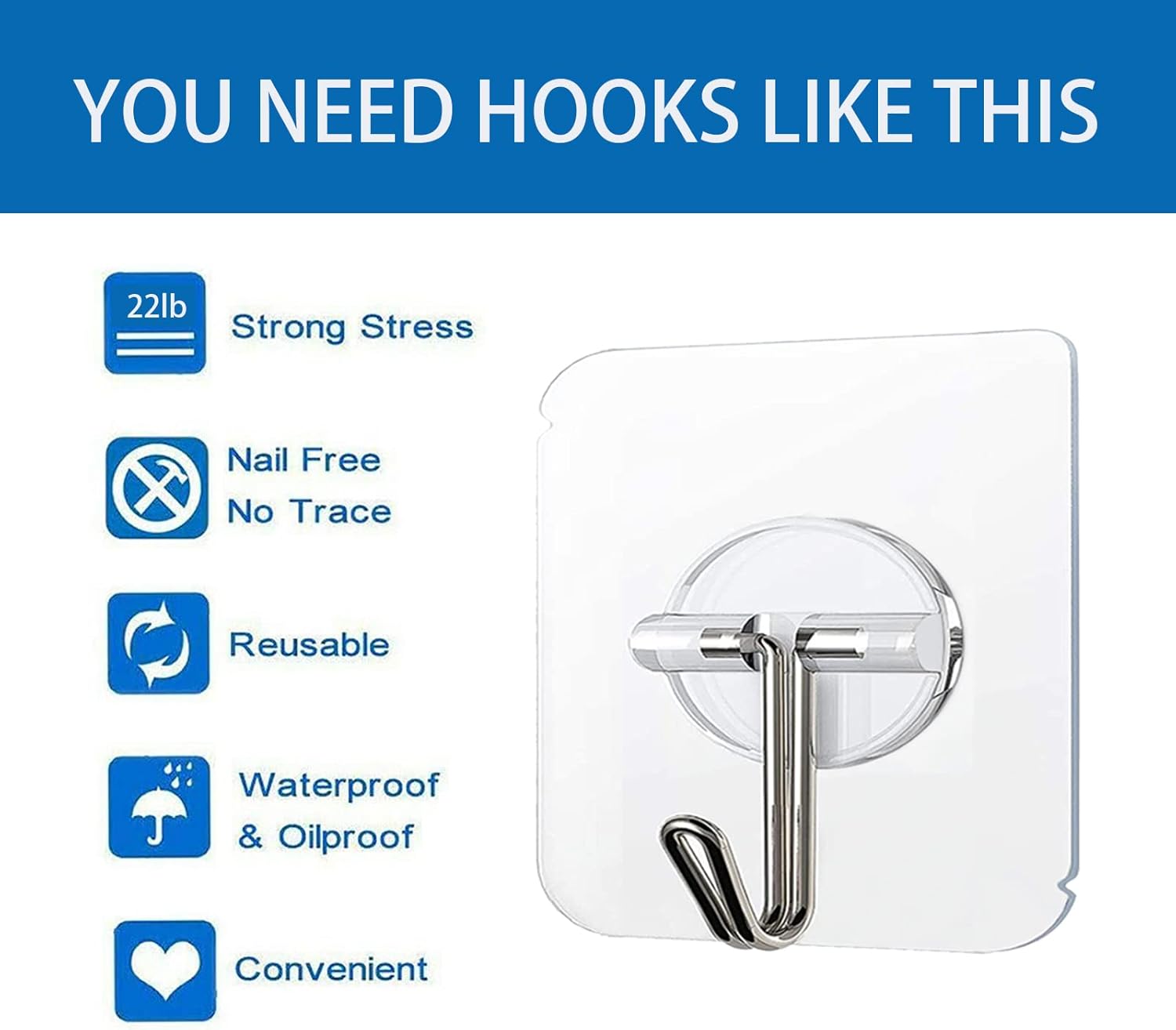 COLOGO 100 Pack Adhesive Hooks 24lb(Max) Heavy Duty Self Adhesive Hooks, Transparent Reusable Seamless Adhesive Wall Hooks for Kitchens, Bathroom, Office