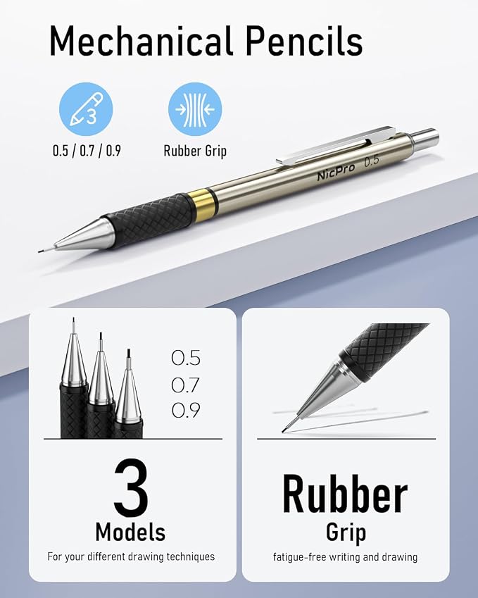 Nicpro Gold Art Mechanical Pencil Set, Metal Drafting Pencil 0.5, 0.9mm & 2mm - Image 3