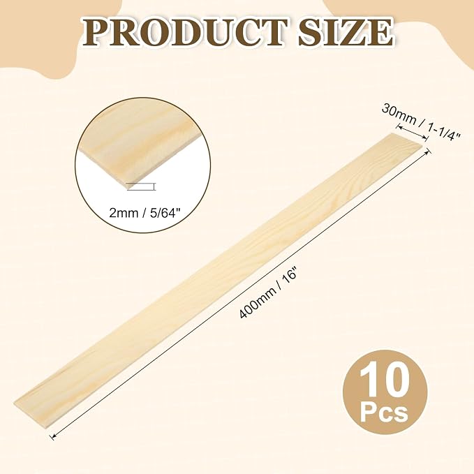 MECCANIXITY 10Pcs Wood Strips Slats, 5/64" x 1‑1/4" x 16" Thin Wood Sticks Flat - Image 2