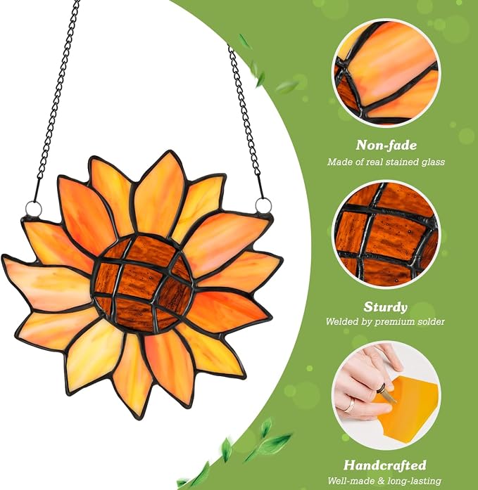 Lewondr Sunflower Stained Glass Window Hanging, Handcrafted Stained Glass - Image 3