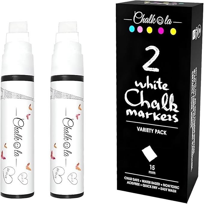 White Jumbo Chalk Markers - 15mm Window Markers | Pack of 2 White pens - Use on by Chalkola