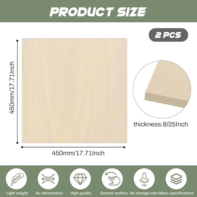 2 Pack Plywood Sheets, 17.1" x 17.1"x 8/25" Basswood Sheets | 8mm Basswood - Image 2
