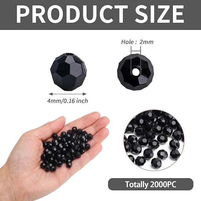 BONNY BOXX 2000pcs 4mm Acrylic Faceted Round Crystal Beads Solid Black Loose - Image 3
