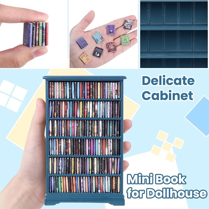 DIYDEC Mini Bookshelf with 180pcs Mini Books Miniature Blue Bookshelf Ornament - Image 3