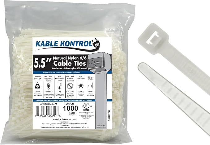 Kable Kontrol Cable Zip Ties Natural White 1000 Pcs 5.5 Inch, 18 Lbs Tensile by KABLEKONTROL%C2%AE