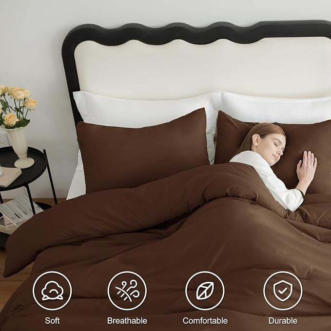 CozyLux California King Comforter Set Brown, 3 Pieces Cal King Solid Breathable - Image 5