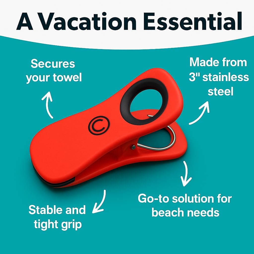 CoreClips Towel Clips for Beach Chairs - Set of 4 Pool Towel Holder Clips for Lounge Chairs on Cruise, Large 2.5” Opening Heavy Duty Clip for Towels on Boat Loungers with Travel Pouch - Red