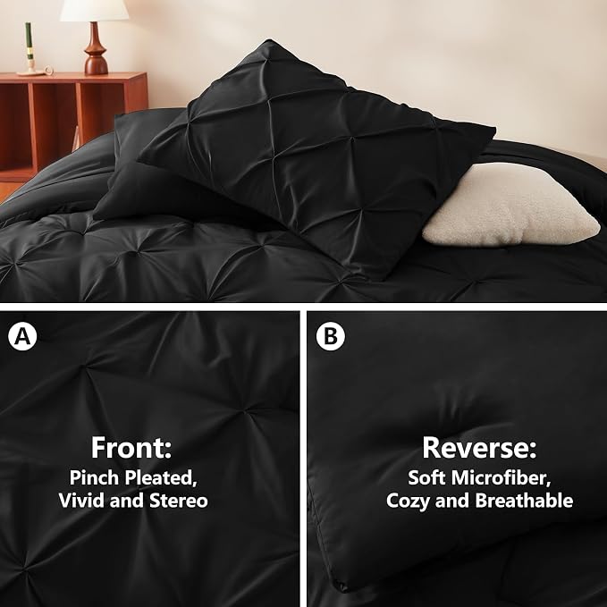 CozyLux Queen Comforter Set Black, 7 Pieces Pintuck Bed in A Bag, Premium Black - Image 3