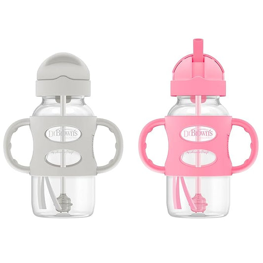 Dr. Brown's Milestones Wide-Neck Sippy Straw Bottle with 100% Silicone Handles and Weighted Straw, 9 oz/270 mL, Gray & Pink, 6m+, 2 Count (Pack of 6)