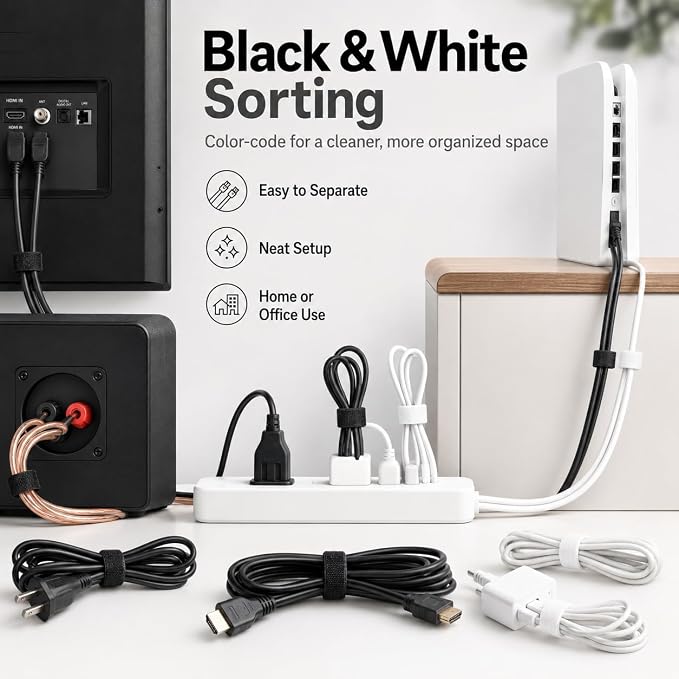 80pcs 8 Inch Cable Ties Reusable Black and White Hook and Loop Cord Ties - Image 7