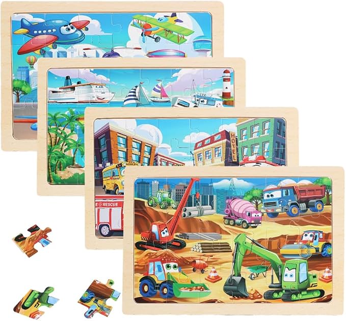 Wooden Puzzles for Kids Ages 4-6, 24 Piece Vehicle Car Construction Jigsaw by Unknown