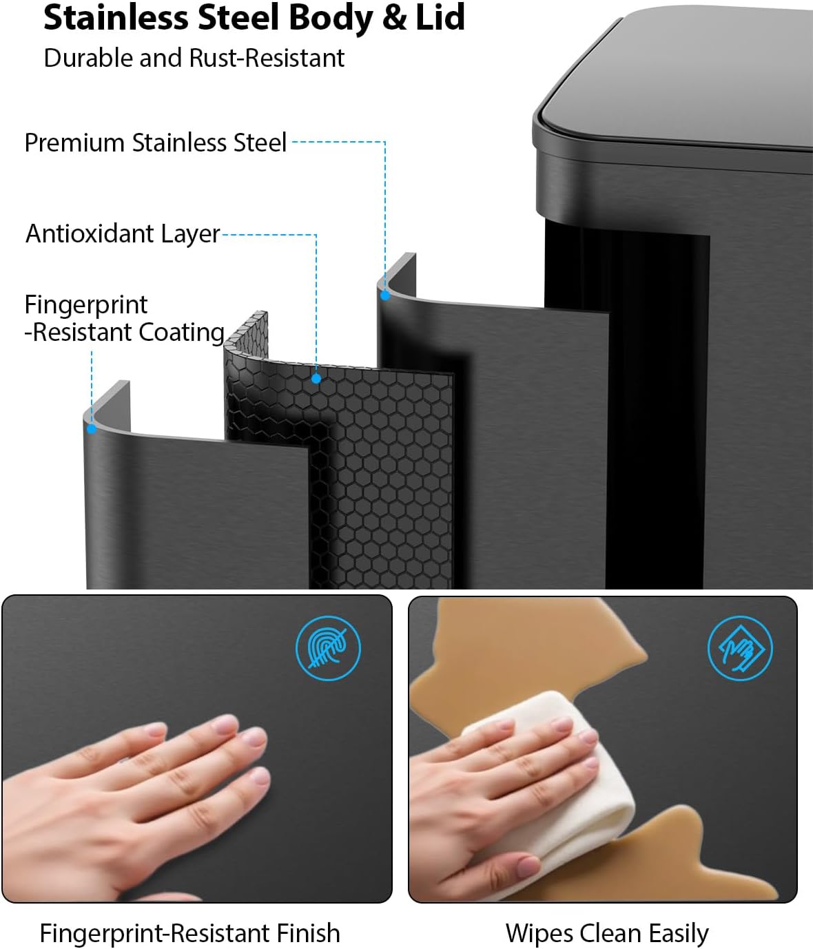 Lovewind Trash Can, 2 x 10.5 Gallon (2 x 40 L) Garbage Can for Kitchen Dual Compartment Recycling Kitchen Step Trash Bin, Stainless Steel Trash and Recycle Bin Combo with Soft-Close Lid, Black