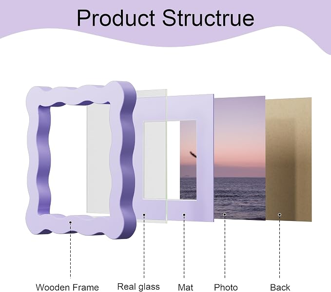 4x4 Picture Frame with Mat for 3x3, Wavy Edge Wooden Real Glass Photo Frame for - Image 5