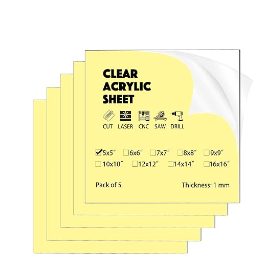 5 Pack 5"x5"x0.04" Thick Acrylic Sheets Transparent Plexiglass Panels by PLUSCHEN