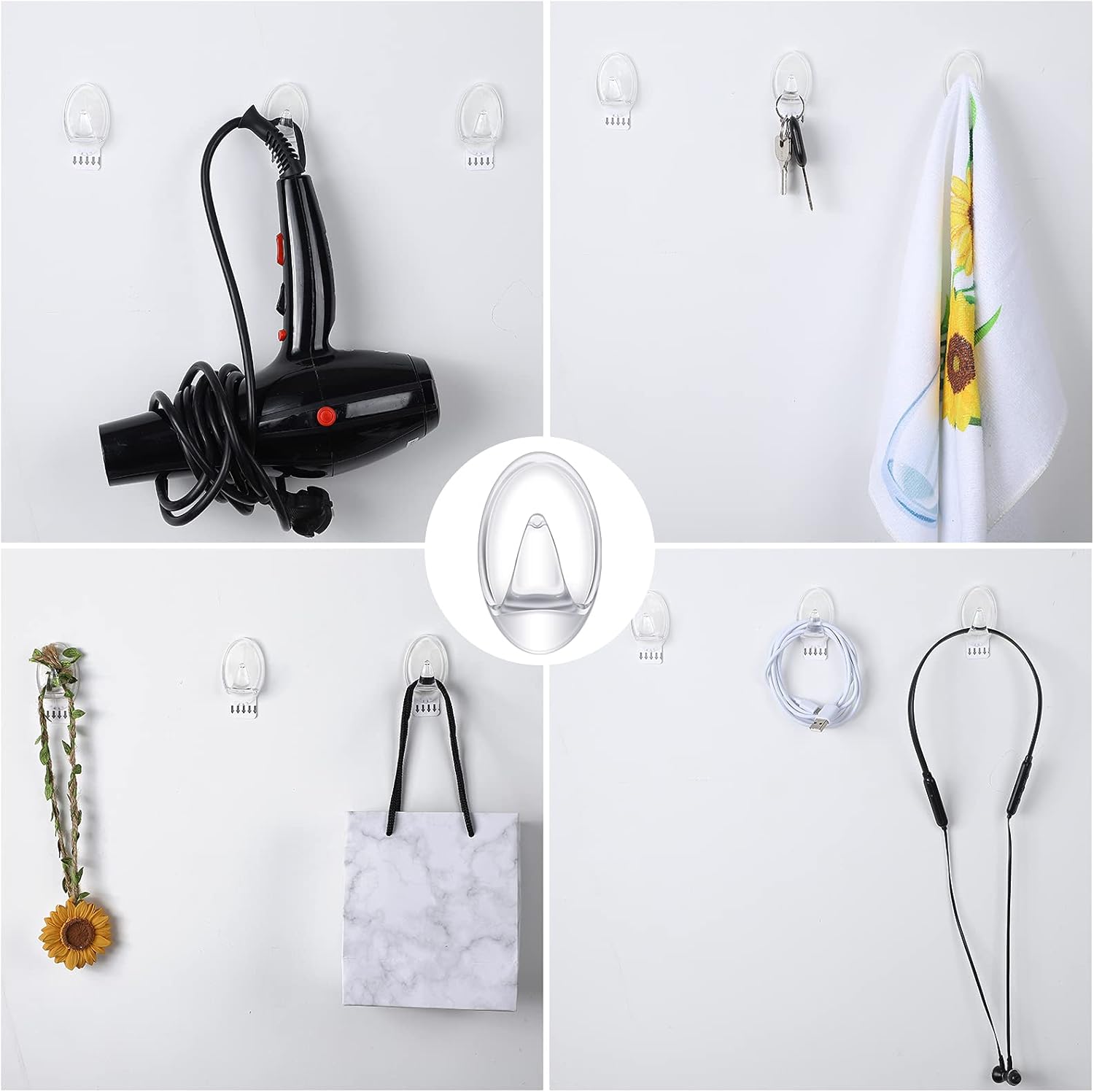 Blulu 12 Pcs Clear Adhesive Hooks for Hanging Wall Hooks Heavy Duty 22 lb Max No Damage Waterproof Transparent Hook with 15 Pcs Self-Adhesive Tapes for Home Bathroom Kitchen Office Wall