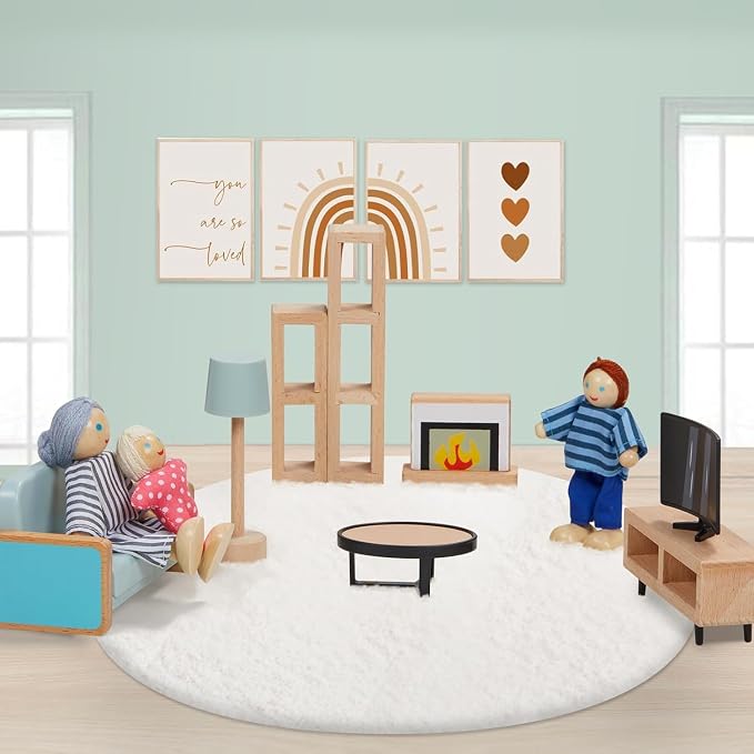 Giant bean 36pcs Wooden Dollhouse Furniture Set 5 Rooms 4 Family Dolls - Image 5