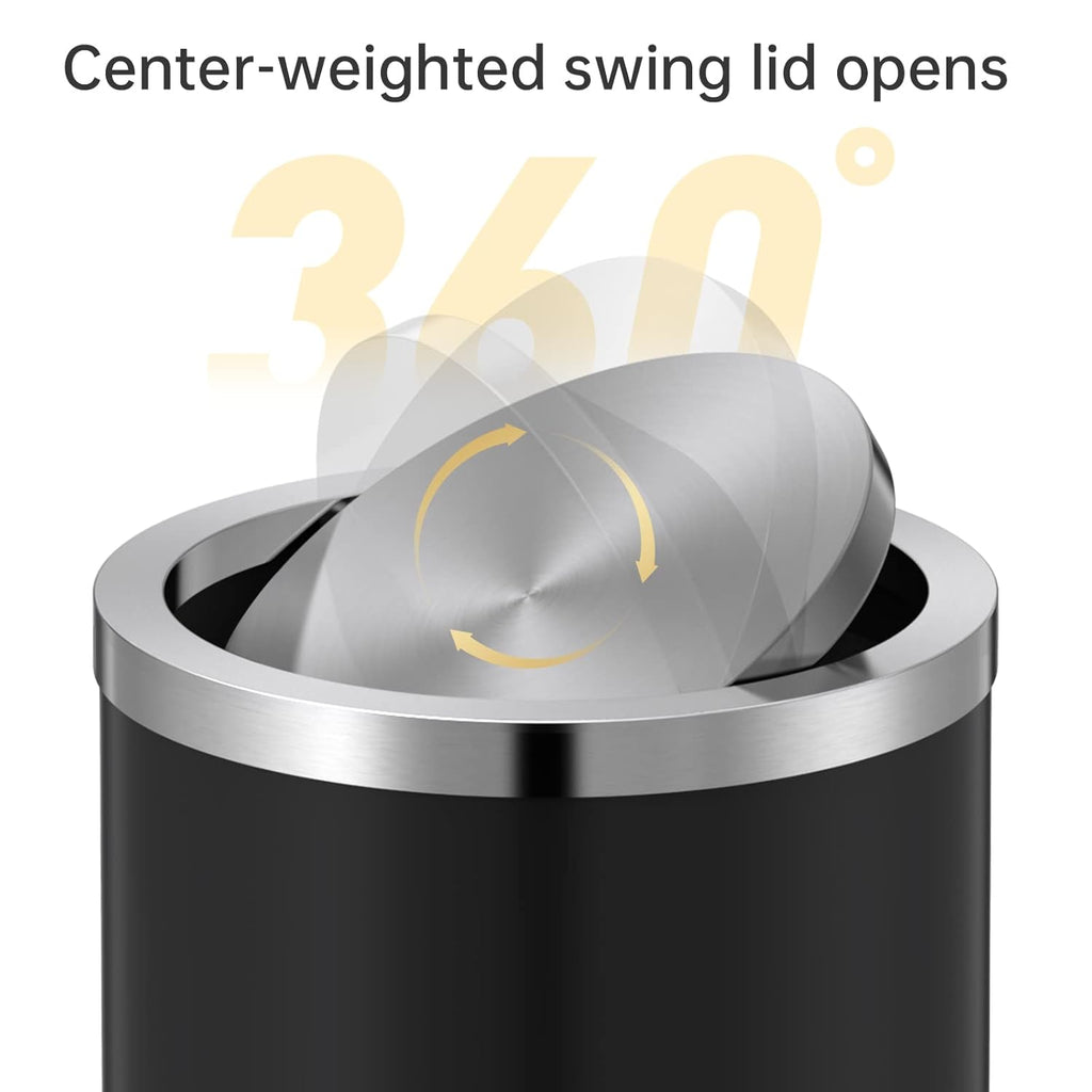 Mbillion Small Trash Can with Swing Lid 2.4 Gallons/9 Liter, Mini Trash Can with lid, Stainless Steel Cylindrical Garbage Can for Home and Office Bathroom Bedroom, for Ground and Desktop(Black)