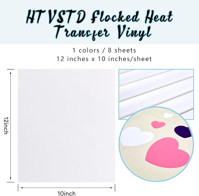 HTVSTD White Flock HTV Heat Transfer Vinyl 8pcs 12×10in | Vivid Color Iron on - Image 2