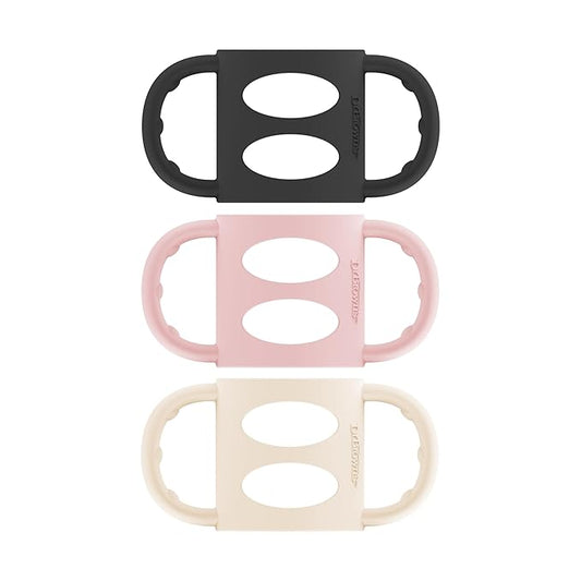 Dr. Brown's Narrow Baby Bottle Handles, 100% Silicone, Easy Grip Removable Handles for Bottle to Sippy Cup Transition, Black/Ecru/Pink, 3-Pack, 4m+