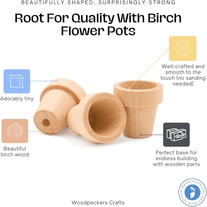 Woodpeckers Small Wooden Flower Pot 1-1/6 x 1-inch, 1 Flower Pots to Paint & - Image 2