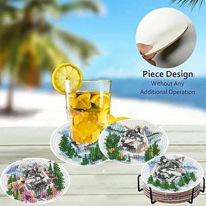 8 Pack Diamond Art Coasters, Wolf Forest animals Diamond Painting Coasters | - Image 4