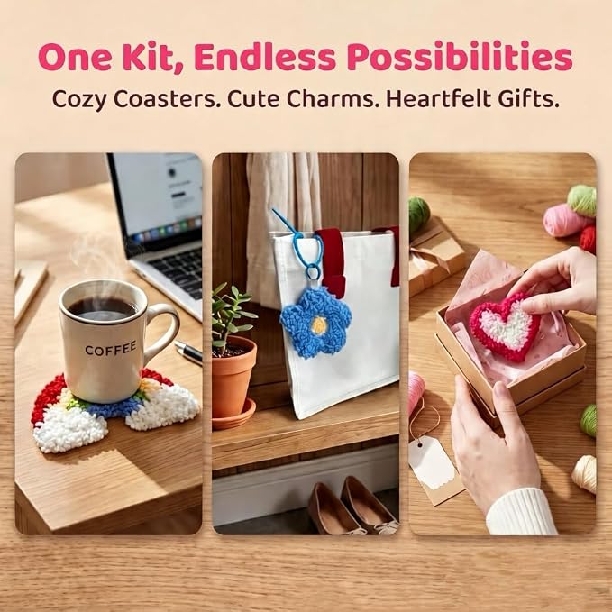 Punch Needle Kit for Adult Beginners, 3-4" Needle Punch Coaster & Bag Charm - Image 6