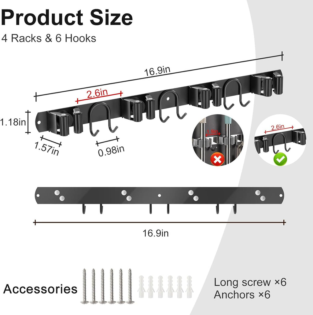 Broom Holder Wall Mount, 2 Packs Black Stainless Steel Tool Storage Organizer for Kitchen Garden Garage Laundry Room Bathroom and RV with 4 Slots 6 Hooks