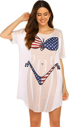 Ekouaer Women's Bikini Shirt Cover Up Short Sleeve Cute Bikini Print Cover-Up - Image 3