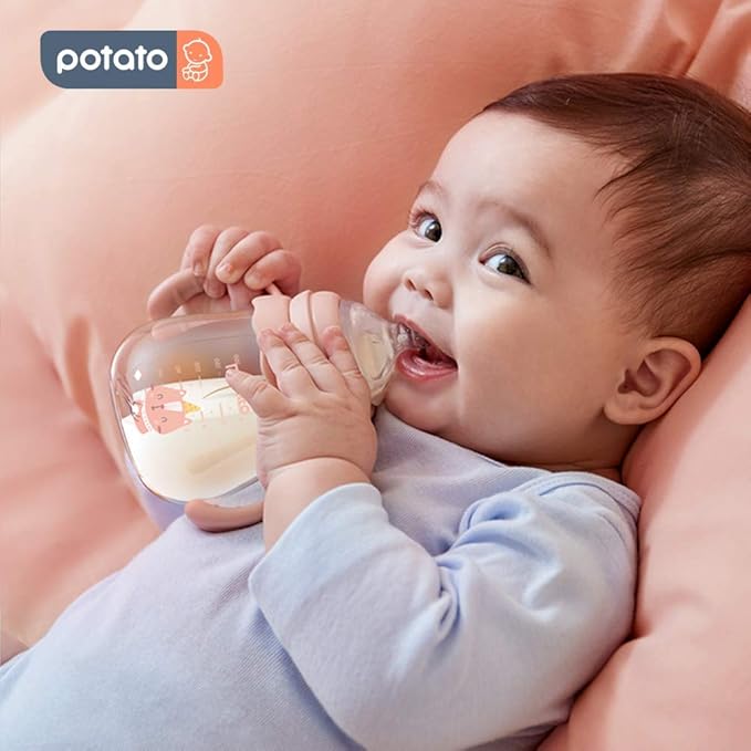 POTATO Glass Baby Bottles, Anti-Colic Breastfeeding Bottles with Fast Flow Nipple, Suitable for Babies 6-12 Months, 2 Replaceable Nipples, 8 oz, Pink