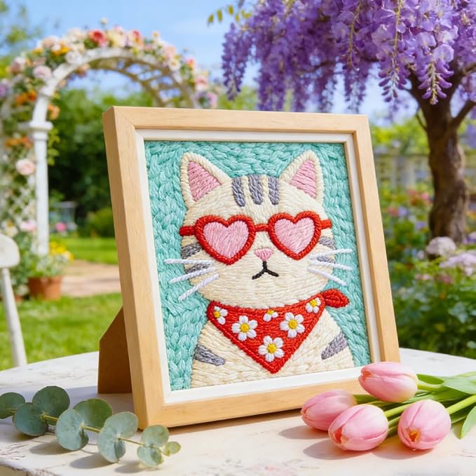 INFUNLY Cool Cat Punch Needle Kit Heart Cat DIY Embroidery Punch Needle Set - Image 5