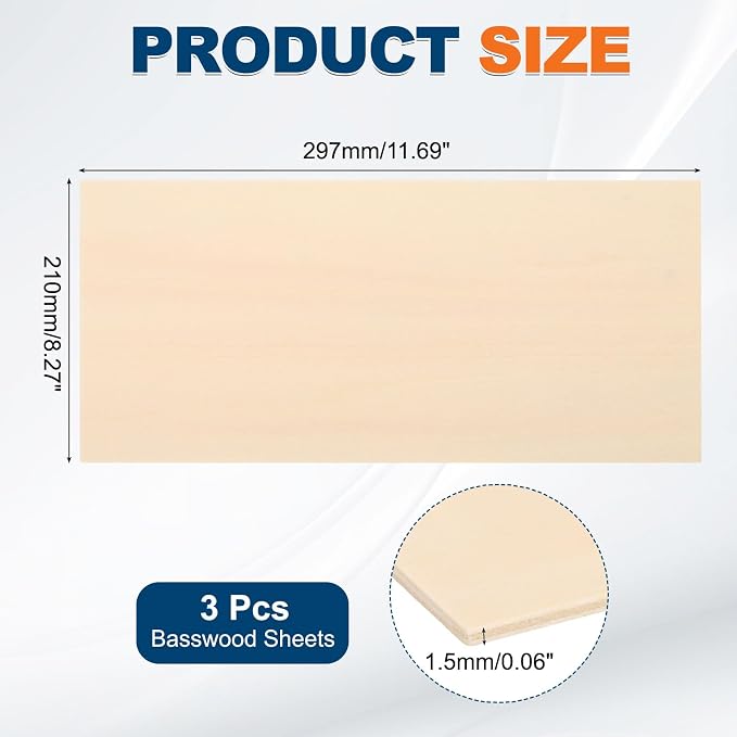 MECCANIXITY 3pcs Basswood Sheets 11.7 x 8 x 1/16 Inch Unfinished Wood Boards - Image 2