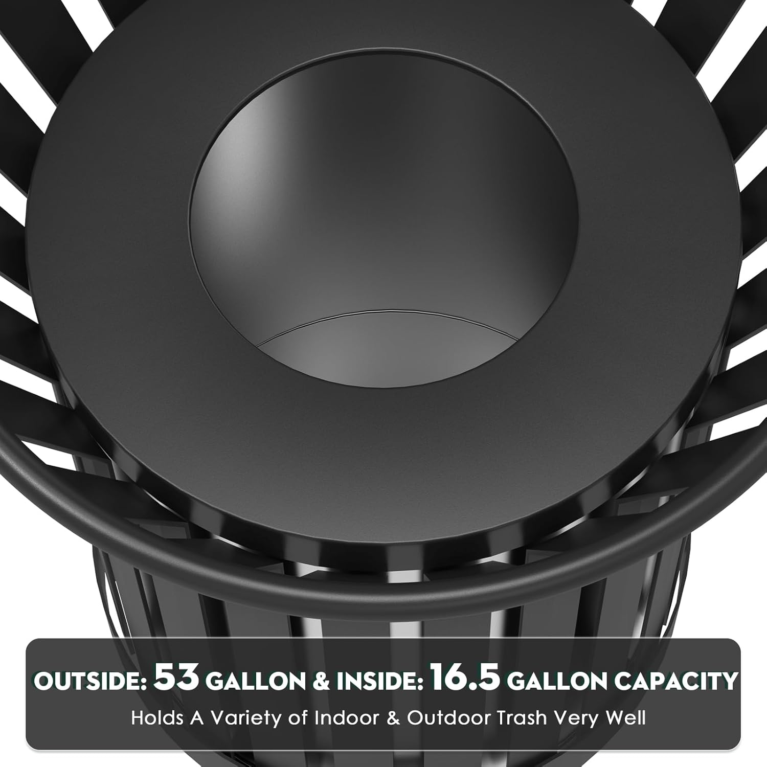 Round Heavy Duty Outdoor Trash Can, Large Metal Slatted Garbage Can for All Weather Resistant, Commercial Garbage Cans, Waste Receptacle in Park, Beach, Patio (Black, Large)