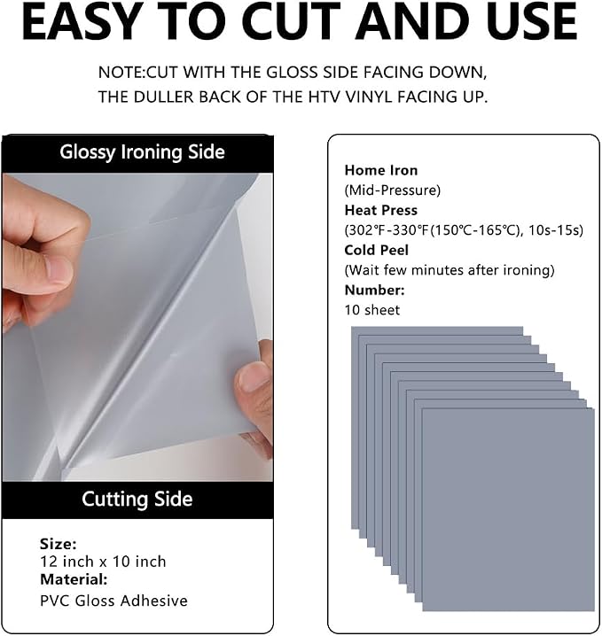 FUNKAKA Silver HTV Heat Transfer Vinyl Sheets, 10 Sheets Sticky HTV Vinyl - Image 3