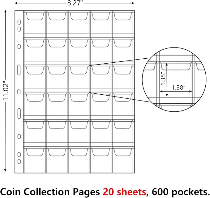 MUQING 600 Pockets Coin Sleeves, 20 Sheets Coin Pages, Coin Collecting Supplies - Image 3