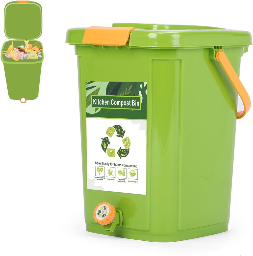 Compost Bin Outdoor, 21 L Garden Composting Bin Bags, Breathable Screen Window Reusable Garden Yard Waste Bags Speed Up Composting & Reduce Odors, Indoor Small Kitchen Compost Bin with Lid, Green