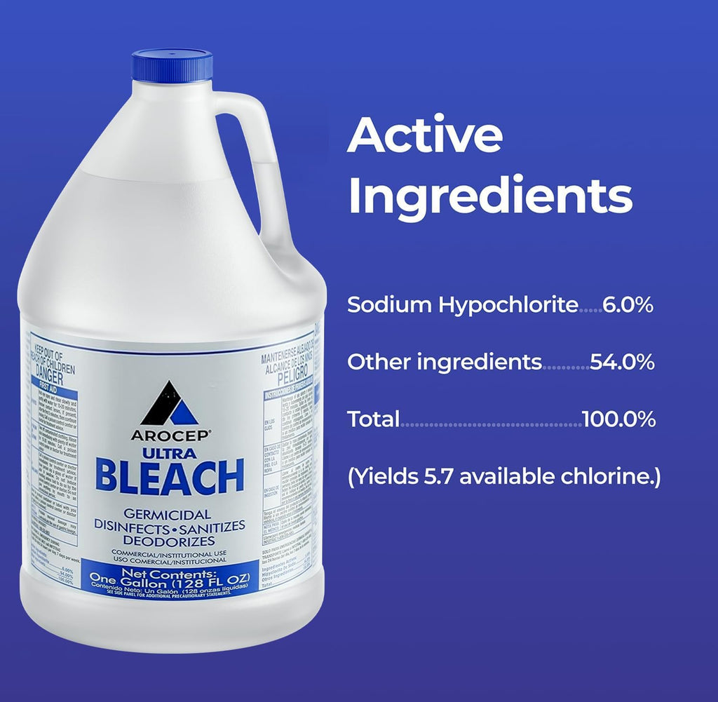 (6 Gallons) Ultra Germicidal Liquid Bleach - For Laundry, Disinfecting, Sanitizing, Deodorizing, Mold & Mildew Stain Remover - 1 Gallon Jugs