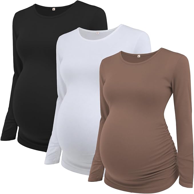 Ecavus Women's Maternity Shirts Long Sleeve Soft Stretchy Pregnancy Tops Side Ruched Casual Mama Clothes