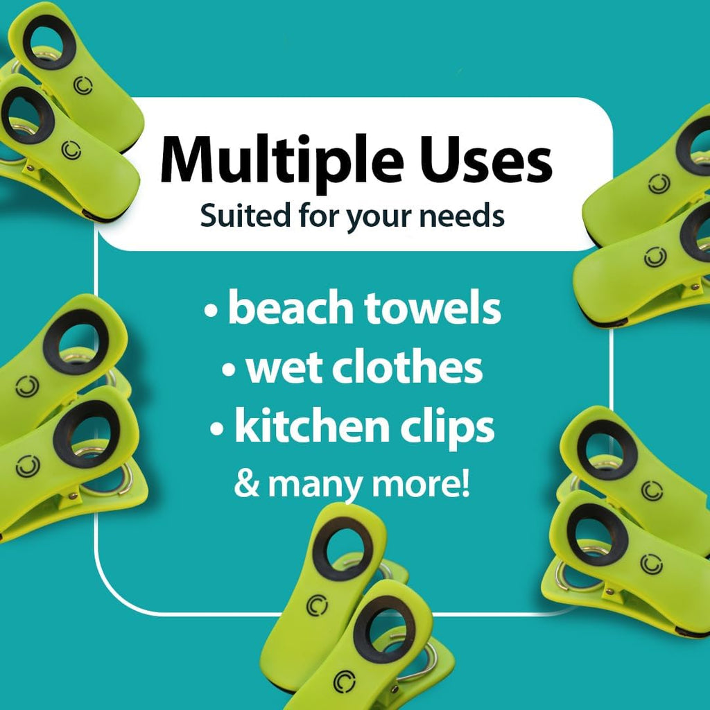 CoreClips Towel Clips for Beach Chairs - Set of 4 Pool Towel Holder Clips for Lounge Chairs on Cruise, Large 2.5” Opening Heavy Duty Clip for Towels on Boat Loungers with Travel Pouch - Green