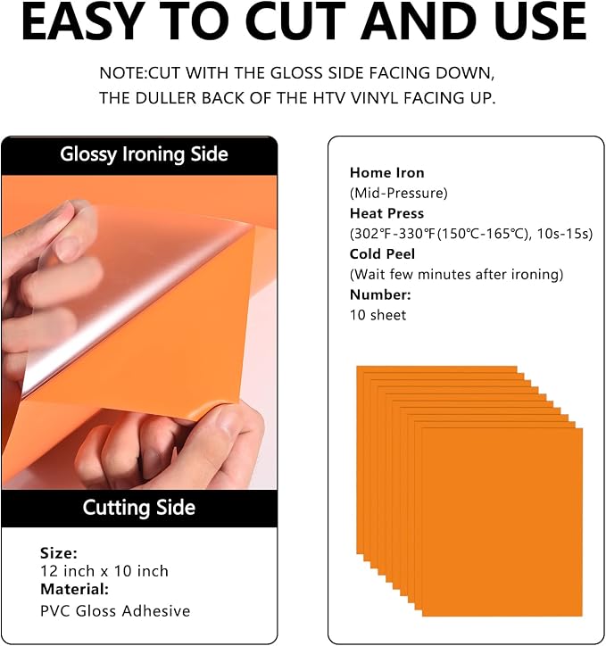 FUNKAKA Orange HTV Heat Transfer Vinyl Bundle, 10 Sheets Sticky HTV Vinyl - Image 2