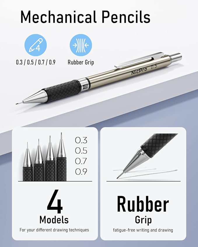 Nicpro 37PCS Art Mechanical Pencil Set, 0.5 mm, 0.7 mm, 0.9 mm & 2PCS 2mm Lead - Image 3