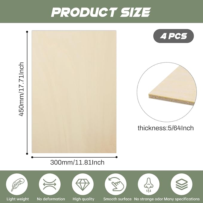 4 Pack Plywood Sheets, 11.8" x 17.1"x 5/64" Basswood Sheets | 2mm Basswood - Image 2