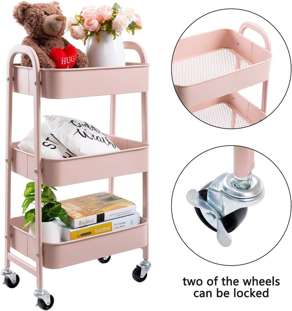 AGTEK Makeup Cart, Movable Rolling Organizer Cart, 3 Tier Metal Utility Cart, Rosiness