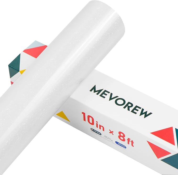 White Glitter HTV Heat Transfer Vinyl, Glitter Iron on Vinyl Roll 10" x 8ft | by MEVOREW