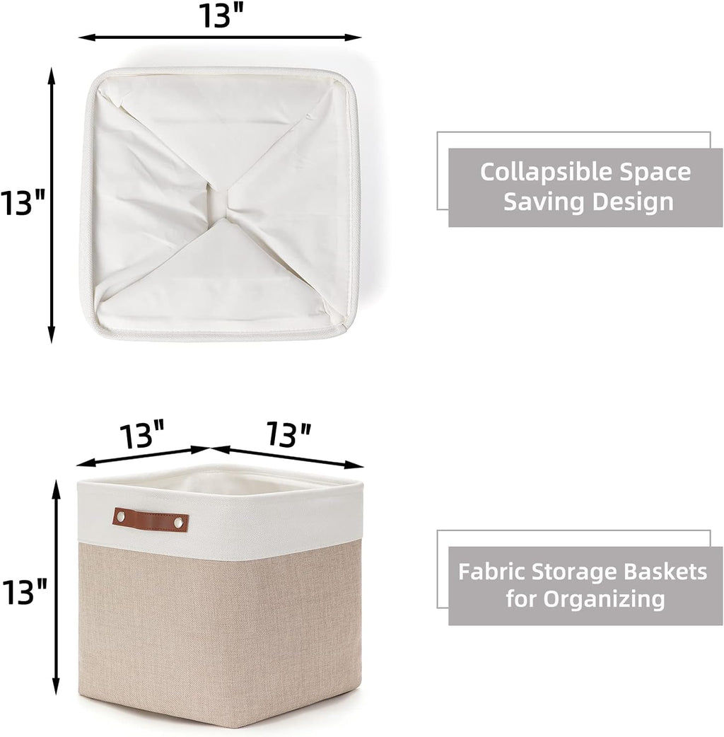 HNZIGE Cube Storage Baskets for Shelves Foldable Storage Baskets(3 Pack) Cube Storage Bin,13 Inch Storage Basket for Organizing with Leather Handles for Toys, Clothes, Kids, Closet (White&Beige)