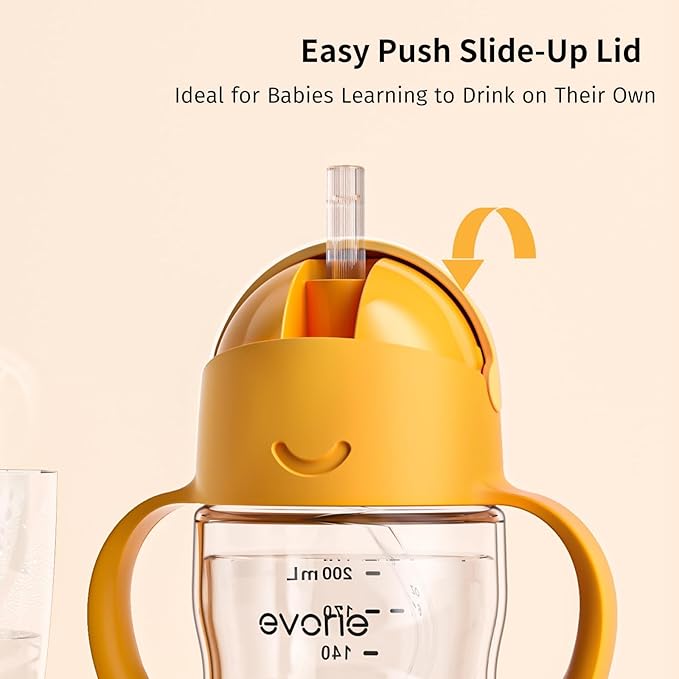 Evorie Tritan Weighted Straw Sippy Cup with Handles for Baby and Toddlers, Spill Proof Baby Water Bottle with Straw for 6 months and up, 7 Oz, Infant Training Water Bottle (Brown)