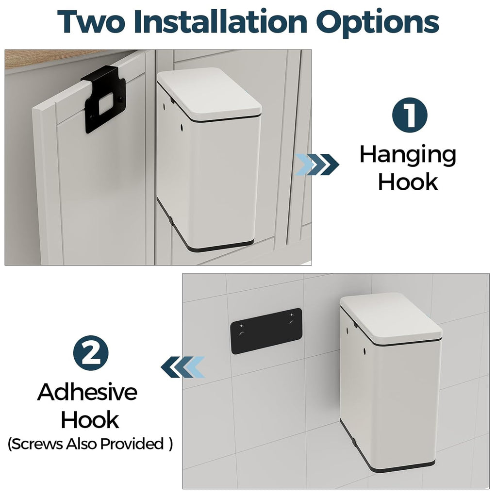Stainless Steel Hanging Trash Can with Lid and Inner Bucket, 2 Gallon Kitchen Compost Bin for Counter Top, Under Sink or Wall Mount, Small Garbage Can for Cupboard/Bathroom/Bedroom/RV, White