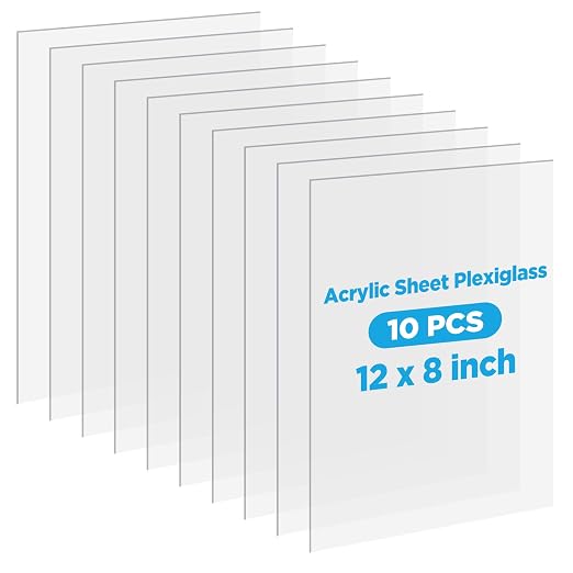 10 Pack Clear Acrylic Sheets, 12x8 Inch 0.08” Thick Transparent Plastic Plexi by Unknown